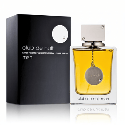 Armaf Club De Nuit Man — Black box with white circle and text next to a clear glass bottle of golden liquid with a silver tag