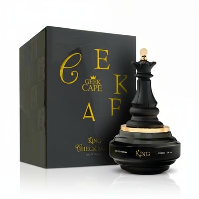 Armaf King Checkmate — Black chess king bottle with gold accents next to its matching box on a white background.