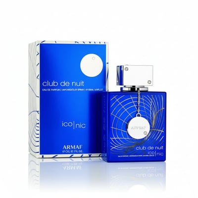 Armaf Club De Nuit Iconic — Blue perfume box and bottle with gold geometric design on white background
