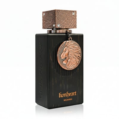 Armaf Club De Nuit Lionheart Woman — Box and bottle with lion emblem, dark textured background, gold accents