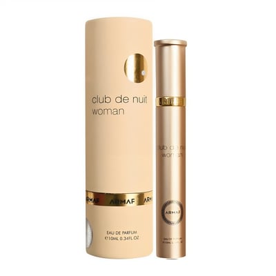 Armaf Club De Nuit Woman — Gold cylindrical perfume bottle and matching tube packaging on a white background.