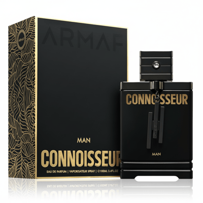 Armaf Connoisseur Man by Armaf 100ml EDP Men — Black perfume bottle and box with gold accents and leaf pattern