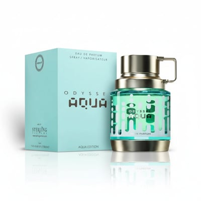 Armaf Odyssey Aqua Edition — Light blue box and aqua glass perfume bottle with silver cap, on a white background with
