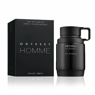 Armaf Odyssey Homme 100ml EDP Men — Black perfume box and bottle with silver text on white background