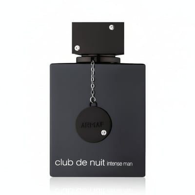Armaf Club De Nuit Intense Man — Black rectangular bottle with a silver chain and circular black tag with a crystal accent.